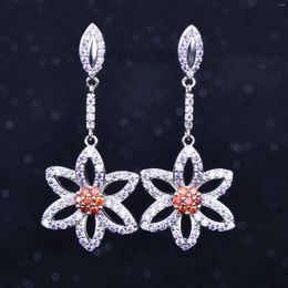 Dangle Earrings 925 Creative Hollow Flower Drop Solid 14K White Gold Pink Topaz Side Stone Gemstone Aros Mujer Oreja Wedding Orecchini