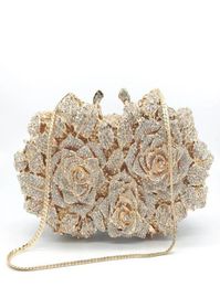 Evening Bags Dazzling Women Gold Rose Flower Hollow Out Crystal Metal Clutches Small Handbag Purse Wedding Clutch Bag Diamond7601272