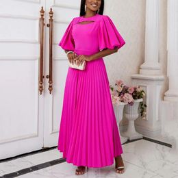 Party Dresses Elegant Pleated Long For Women Round Neck Lantern Sleeve Bust Cut Out Ankle Length Luxury Birthday Vestidos Mujer