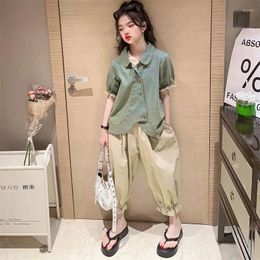 Clothing Sets Girls' Novelty Fashion Casual Denim Shirt Set 2023 Summer French Style Women Short Sleeve Top Loose Pants Boutique