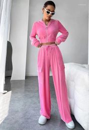 Women's Two Piece Pants Soild Color Velvet Set Women Outfits Tracksuit Zipper Long Sleeve Hooded Sweatshirts Top Wide Leg Casual Suit