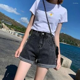 Women's Jeans Fashion Women Denim Shorts Summer Cuff Charcoal Grey High Waist Button Wide Leg Mom Casual Female Slim Fit Blue Gozbkf