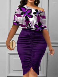 Party Dresses Purple Floral Print Boat Neck Ruched Bodycon Body- Stretchy Short Sleeve Knee Length Pencil Dress