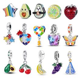 925 silver Fit Pandora Original charms DIY Pendant women Bracelets beads Colourful Puzzle Heart Fruit Healthy Avocado Lemon Strawberry Dangle