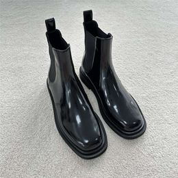 The Row Beaded Chelsea Boots Cowhide Open Edge Women's English Short Boots Flat Bottom Genuine Leather Shiny Face Round Head Short Barrel Single Boot