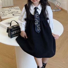 Girl Dresses Clothes Set Spring Autumn College Style Long-sleeved Shirt & Suspender Dress Pearl Tie 3pcs Outfits