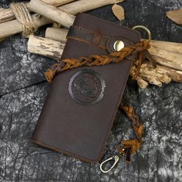 Wallets Fashion Vintage Men Women Wallet Genuine Leather Hand Purse With Braided Wrist Strap Long For Phone