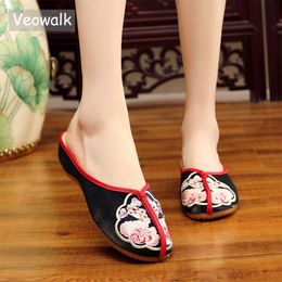 Slippers Veowalk Vintage Floral Embroidered Women Close Toe Flannel Cotton Summer Ladies Soft Shoes Outside/Home Zapatos Mujer