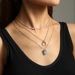 Pendant Necklaces Multi-layered Crescent Green Natural Stone Pearl Necklace For Women Daily All-match Gold Colour Trendy Female Jewellery