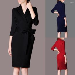 Casual Dresses Women Notched Neck Suit Collar Belt Straight Dress Autumn Seven Sleeve Solid Color Home Wear Office Lady