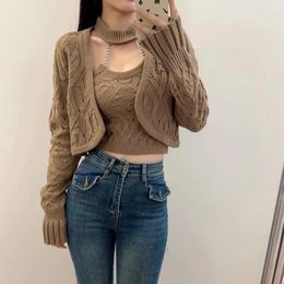 Women's Knits Korejepo American Short Cardigan Cut Out Jacket Long Sleeved Woolen Top Retro Shoulder Knit Sweater Autumn Two Piece Set