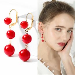 Hoop Earrings Red Pearl Pendant Ear Hook Temperament Fresh Everything Matching Long To Modify The Face Shape