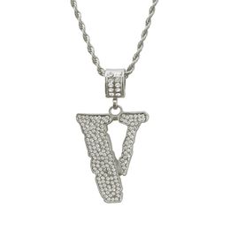 Hip Hop Men Rapper diamond pendant necklace shiny V letter pendant micro-inset zircon Jewellery night club accessory Sweater rope chain necklace 1954
