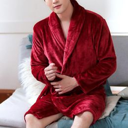 Men's Sleepwear Men Casual Wine Red Kimono Bathrobe Autumn Winter Flannel Long Robe Thicken Warm Soft Nightgown Male Home Wear