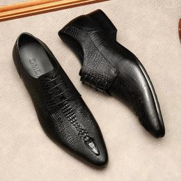 Dress Shoes Crocodile Pattern Men Shoe Genuine Leather Oxford For Formal Wedding Office Brogue Business Black Wine Red