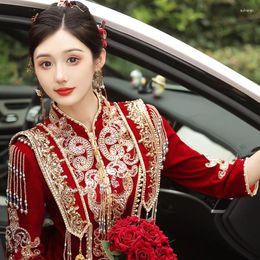 Ethnic Clothing Chinese Embroidery Beaded Tassel Wedding Dress Elegant Mandarin Collar Women Marriage Sequins Velour Cheongsam