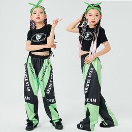 Stage Wear Children Jazz Dance Clothing Short Sleeve T Shirt Crop Top Baggy Pants Girls Street Training Show Costume 8 10 12 14Y