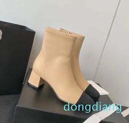 classical brand design woman fashion ankle boots chunky heel black beige mixed Colour zipper shoes