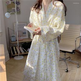 Women's Sleepwear Pajamas For Women Jacquard Nightgown Kawaii Clothes Korean Style Small Floral Long-sleeved Lace-up Bathrobes Women's