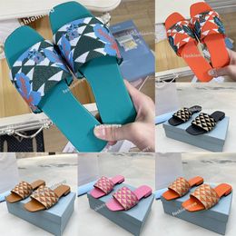 Embroidered Fabric Slides Designer Slipper Multicolor Embroidery Mules Womens Flip Flops Casual Sandals Summer Flat Slide Rubber Sole Size35-42