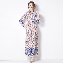 Basic Casual Dresses Runway Autumn Long Sleeve Maxi Dress Floral Print Women 2024 Designer Shirt Collar Single Breasted Sashes Holiday Robes Vestidos