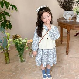Clothing Sets Autumn Cute Girls Fashion Floral Outfits Flower Casual Dress And White Short Style Waistcoat 2pcs Kids Clothes