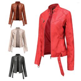 Women's Leather Jacket Short Belt Ladies PU Plus Size Slim Stand Collar Thin Fashion