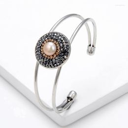 Bangle Natural Freshwater Pearl Metal Bracelet For Women Boho Handmade Inlay Rhinestone Trendy Simple Jewelry Wholesale
