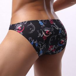 Underpants Men Mesh Print Thongs Underwear Brief Bulge Pouch G-string Erotic Hombre Male Lingerie Tanga Breathable Slip