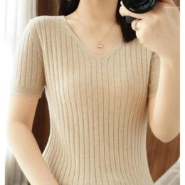 Women's Sweaters Merino Wool 2023 Autumn Winter Sweater V-neck Short Sleeve Knitting Slim Fit For Women Female Clothing