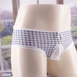 Underpants Boy's Oversized Sissy Brief Cute Plaid Waist Bag Open/closed Sheath Ball Panties For Man Penis Sleeves Ice Silk