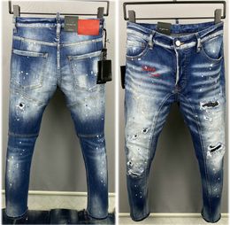 Blue Mens Ripper Jeans Denim Pants Skinny fit Slim stretch Men's Biker Jean Trousers Patchwork Distressed Letter Painted Hole Vintage Hollow Out