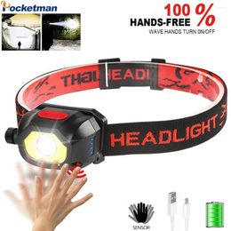 Headlamps High Lumens COB LED Headlamp USB Rechargeable Headlight Waterproof Head Torch With Built-in Battery