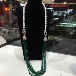 Chains Rose Button CZ Clasp Natural Pearl Necklace Green Jade Garnet Multi-layer Long Sweater Chain Multi-way