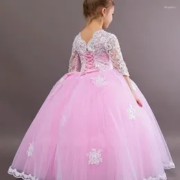 Girl Dresses Pink Lovely Fluffy Flower Long Sleeve Lace Applique Tulle For Prom Get Together First Holy Communion