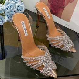 Sapphire Glass Shoes PVC high heel sandals 8.5 cm lace dance ladies wedding shoes Summer luxury brand Shoes Party Ladies Shoes 42 shoebox