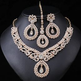 Luxury Gold Color Geometric Crystal Earrings Choker Necklace Wedding Jewelry Sets Elegant Bride Party Costume Dress Accessories