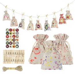 Gift Wrap 24pcs Set Christmas Drawstring Bags Xmas Advent Calendar Pocket With Clips Sticker DIY Year Decoration
