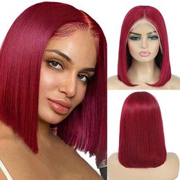 99J Burgundy Short Human Hair Bob Wig 13x4 Frontal Pixie Cut Brazilian Virgin Straight Glueless Lace Front Wigs For Black Women Coloured Wine Red 4x4 Closure Bob Wigs