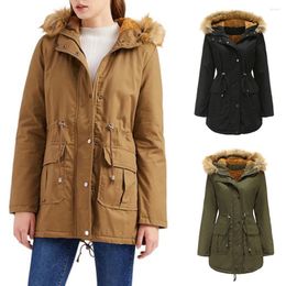 Women's Down Fleece Lined Winter Warm Parkas Fur Collar Cotton-Padded Coat Hooded Zip-up Jackets Long Slim Pleated Plus Size Overcoats