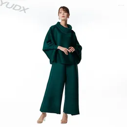 Women's Two Piece Pants 2023 Fall Miyake Pleated Loose Large Size Fashion Set Scarf Collar Pullover Top Wide Leg