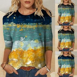 Women's T Shirts Summer Elegant Women's Abstract Printed Painting T-shirt 3/4 Sleeves Round Neck Pullover Autumn Casual Tops Blouses