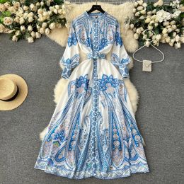 Basic Casual Women Dresses 2024 Spring Runway Holiday Linen Dress Women Stand Collar Long Lantern Sleeve Vintage Print Buttons Up Belt Maxi Robe Vestidos