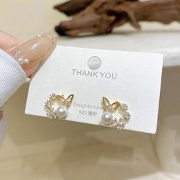 Stud Earrings Origin Summer Temperament Butterfly Simulation Pearl Earring For Women Girls Gold Color Rhinestone Hollow Jewelry