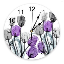Wall Clocks Flower Idyllic Grey Purple Tulip Bedroom Clock Large Modern Kitchen Dinning Round Living Room Watch Home Decor