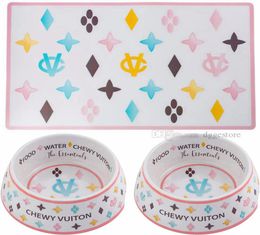 Designer Dog Bowls and Placemats Set Food Grade NonSkid BPA ChipProof TipProof Dishwasher Safe Malamine Bowls with Fun Bra9657324