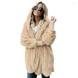 Women's Fur 2023 Autumn Winter Women Faux Coat Mid-Length Thicken Warm Casual Outcoat Fashion Two-Sided Wear Hooded Solid Color Tops