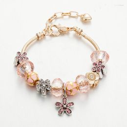 Charm Bracelets Adjustable Length Gold Chain Heart Flower Femme Pink Crystal Beaded Bracelet Bangle For Women Jewellery Pulseiras