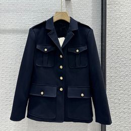 2023 Autumn Navy Blue Solid Colour Jacket Long Sleeve V-Neck Buttons Single-Breasted Jackets Coat Short Outwear Z3G311992