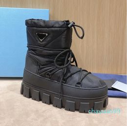 Woman Boot Black Nylon Boots Thick Bottom Snow Boots Platform Ankle Booties Lace-up Chunky Winter Boot Rubber Sole Fabric Leather Warm